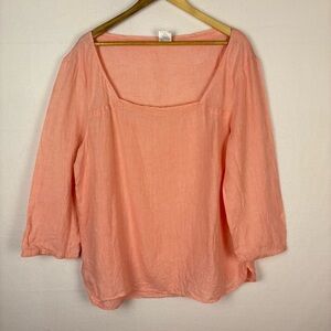 Lands' End 100% Linen Pink Square Neck Blouse Coastal Lagenlook
